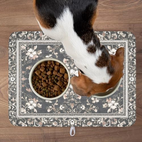 Boho Floral Dish Drying Mat Grey Leaves Dishes Drainer Pad 18x24 Inch Microfiber Absorbent Kitchen Dry Rack Mat for Counter Tableware Decor