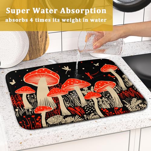 Red Mushroon Dish Drying Mat for Kitchen Counter Black Microfiber Absorbent Dish Pad Small
