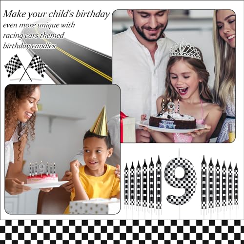 13 Pcs Racing Cars Themed Birthday Candles Black and White Race Number 9 Checkered Candle Cake Topper for Racing Car Party Decoration Supplies (13 Count)