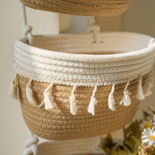3 Tier Cotton Rope Baskets with Tassels Over the Door Wall Hanging Baskets for Nursery (33.12 Ounce)
