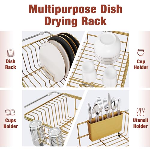 Gold Dish Drying Rack in Sink with Mat