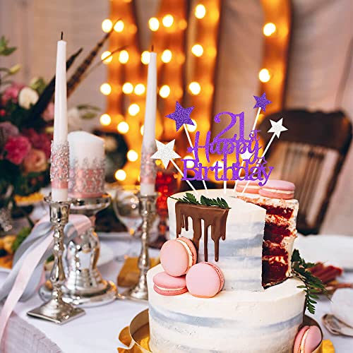Purple Silver 21st Birthday Cake Topper with Glittery Stars (7 Count)