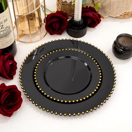 100pcs Black Plastic Plates with Gold Beads for Wedding Party (100 Count)