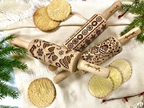 CHRISTMAS FUN 3 Kid Rolling Pin Set. Wooden Laser Cut Embossing Cut Mini Rolling Pins for Embossed Cookies. Gift for Kid