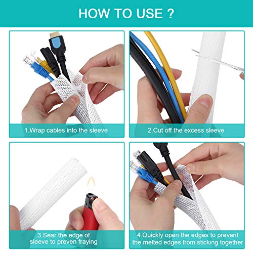 6.6ft - 2/3 inch White Cable Sleeve, Cable Organizer for Desk PC TV Computer, Wire Protector Cable Wrap Cover, Cord Management for Home Office (6.6 Foot)