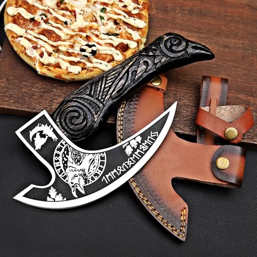 Pizza Cutter Axe Rocker Carbon Steel Slicer Chef Pizza Cutter Viking Axe with Leather Cover