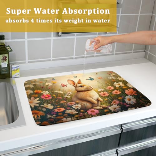 Easter Bunny Dish Drying Mat Flower Butterfly Kitchen Drainer Mat 18x24 inch Absorbent Reversible Dish Rack Pad for Counter Tabletop Decor