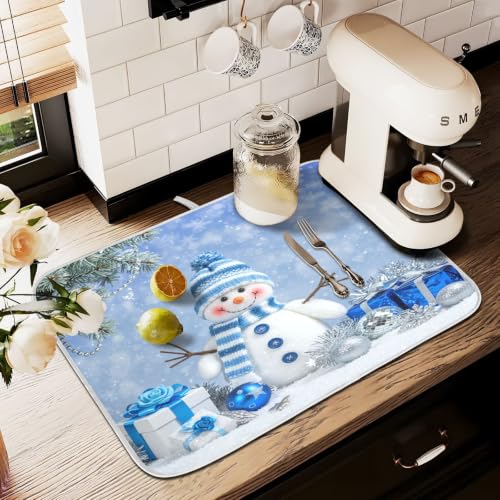 Christmas Snowman Winter Dish Drying Mat for Kitchen Counter Absorbent Microfiber Large Drying Pad Dish Mats Snowflake for Kitchen Countertops 18 x 24 Inch