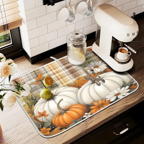 Autumn Fall Thanksgiving Dish Drying Mat for Kitchen Counter Absorbent Microfiber Small Orange White Pumpkin Small Drying Pad Dish Mats for Kitchen Countertops 16 x 18 Inch