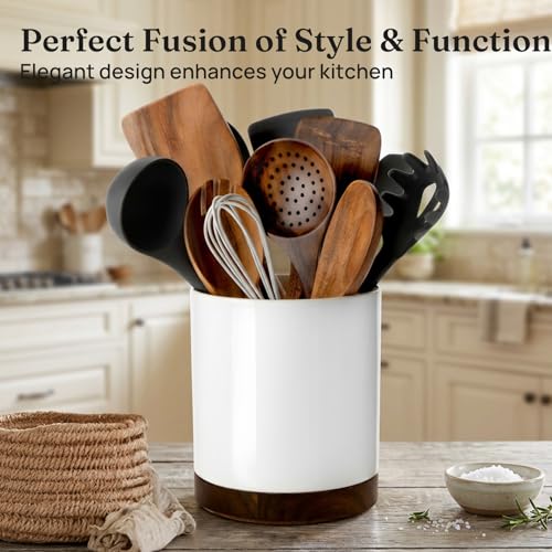 Ceramic Rotating Utensil Holder for Countertop Kitchen Organizer White