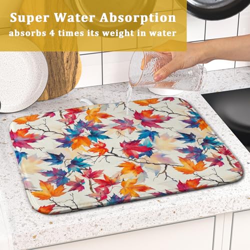 Maple Leaf Dish Drying Mat Fall Autumn Colorful Leaves Absorbent Dish Drain Mats for Holiday Season Kitchen Decoration