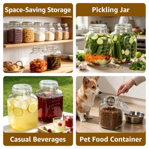 Large Square Glass Jars with Airtight Lids 1.1 Gallon Wide Mouth (2 Count)