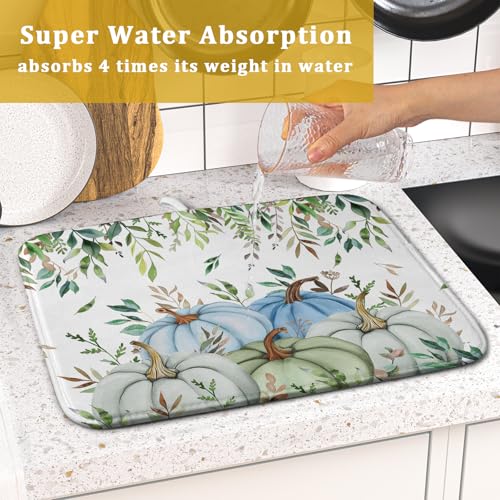 Fall Blue Pumpkin Dish Drying Mat Autumn Harvest Dishes Pad 16"x18" Microfiber Quick Dry Dish Drainer Rack Mats Kitchen Counter Accessories