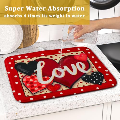 Love Heart Dish Drying Mat 16"x18" Red Dots Microfiber Dish Rack Mat Holiday Absorbent Fast Dry Draining Pad for Kitchen Counter Bar Sinks