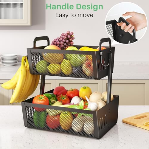 2 Tier Fruit Basket for Kitchen Counter with 2 Banana Hangers