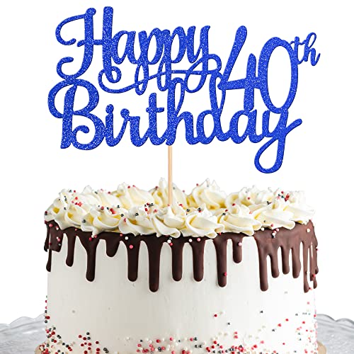 1 PCS Happy 40th Birthday Cake Topper Glitter Cheers to 40 Years Birthday Cake Pick 40 Fabulous Cake Decoration for Happy 40th Birthday Anniversary Party Decorations Supplies Blue