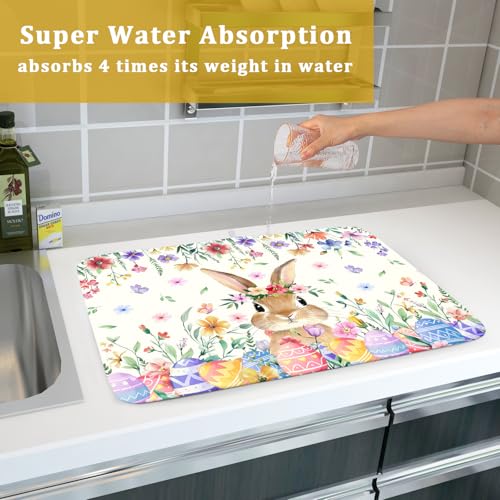 Easter Rabbit Dish Drying Mat Spring Flower Dish Drainer Rack Mats 18x24 inch Absorbent Microfiber Fast Dry Pad Kitchen Counter Accessories