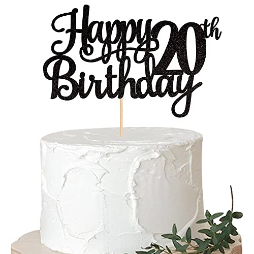 1 PCS Happy 20th Birthday Cake Topper Glitter Cheers to 20 Years Birthday Cake Pick Twenty 20 Fabulous Cake Decoration for Happy 20th Birthday Theme Party Decorations Supplies Black