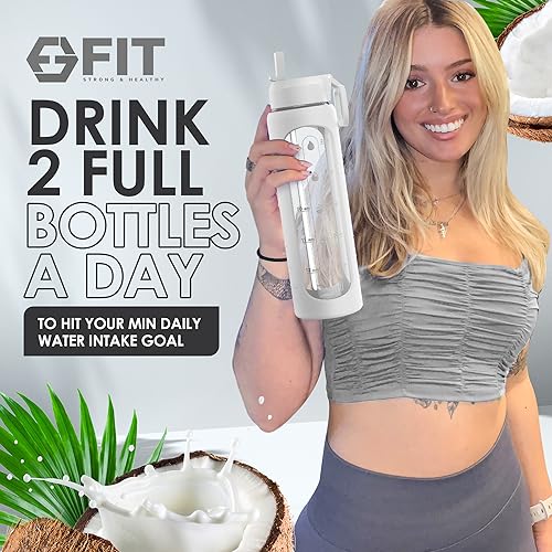 Glass Water Bottle 32 oz with Straw Lid & Time Marker