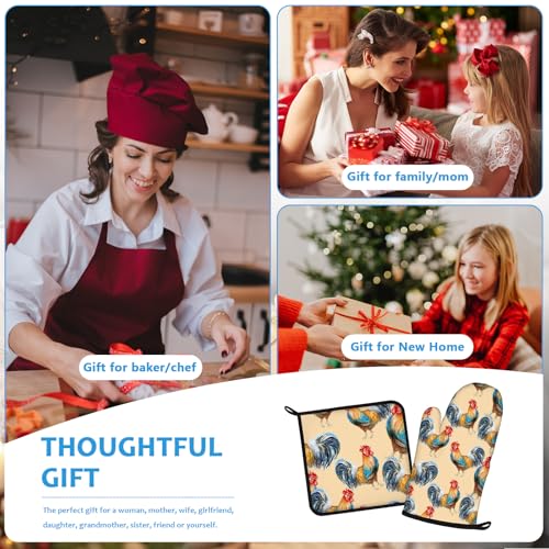 Watercolor Rooster Oven Mitts and Pot Holders Sets Heat Resistant 4Pcs Potholders Oven Gloves Hot Pads for Kitchen Baking Cooking Grilling BBQ (4 Count)