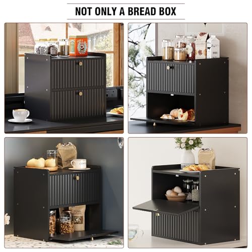 Rustic Bread Box for Kitchen Countertop Bamboo Bread Storage Container Bin Double Layer BreadBox Farmhouse Large Capacity Food Organizer Black
