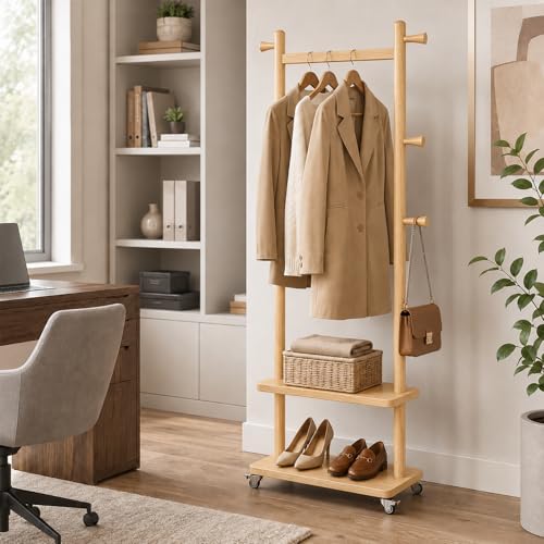 Coat Rack Freestanding Solid Wood Clothes Rack with Wheels