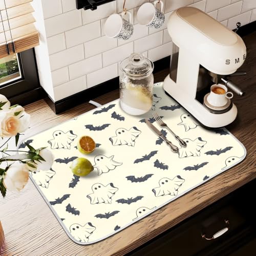 Halloween Spooky Ghost Bats Dish Drying Mat for Kitchen Counter Absorbent Microfiber Large Drying Pad Dish mats for Kitchen Countertops 18 x 24 Inch