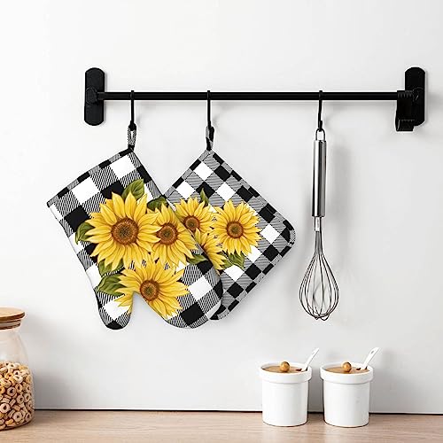 Sunflower Black White Buffalo Plaid Oven Mitts and Pot Holders Sets Silicone Yellow Floral Lumberjack Check Kitchen Mitts Potholders Heat Resistant 4Pcs Oven Gloves Hot Pads for Kitchen (4 Count)