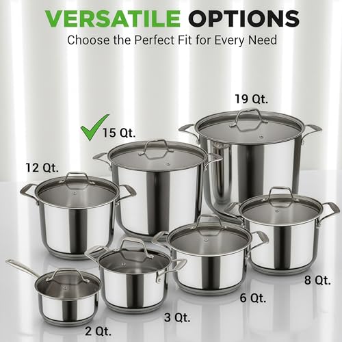 15 Quart Stainless Steel Stock Pot with Tempered Glass Lid