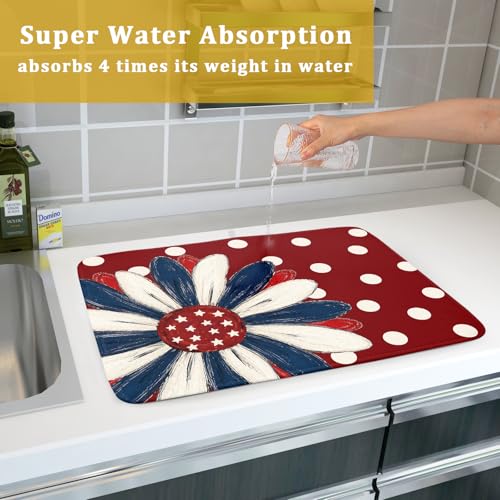 Patriotic Dish Drying Mat 18x24 In Red and Blue Daisy Microfiber Kitchen Draining Mat for Countertops