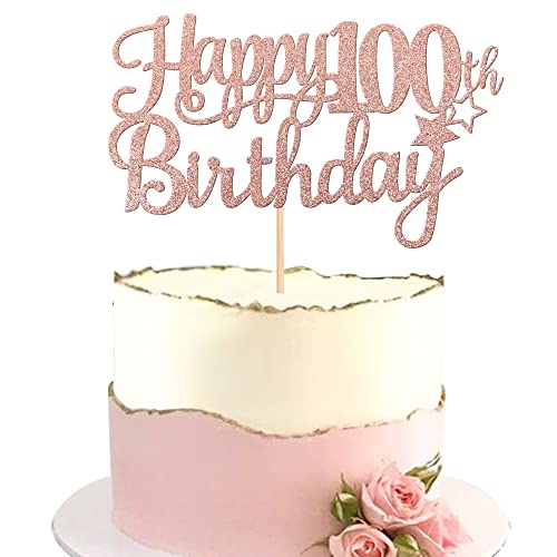 1 PCS Happy 100th Birthday Cake Topper Glitter Cheers to 100 Years Cake Pick Number 100 Fabulous Cake Decoration for 100th Birthday Theme Party Decorations Supplies Rose Gold