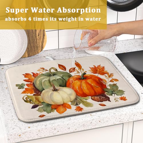 Fall Pumpkin Dish Drying Mat Autumn Leaves Absorbent Dishes Pad 16x18 Inch Seasonal Microfiber Dish Drainer Rack Mat for Kitchen Countertop