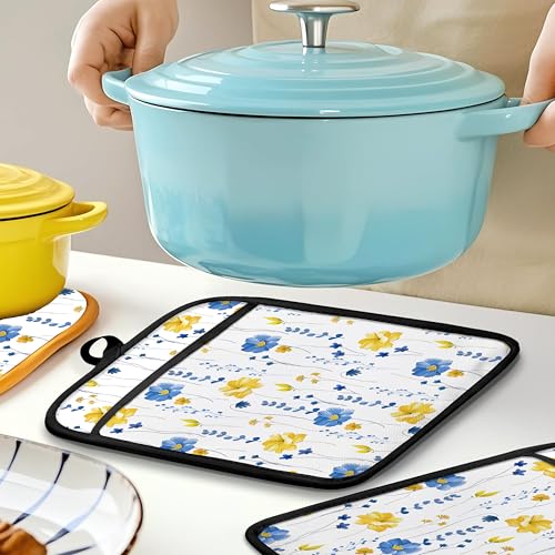 Blue and Yellow Floral Oven Mitts Set