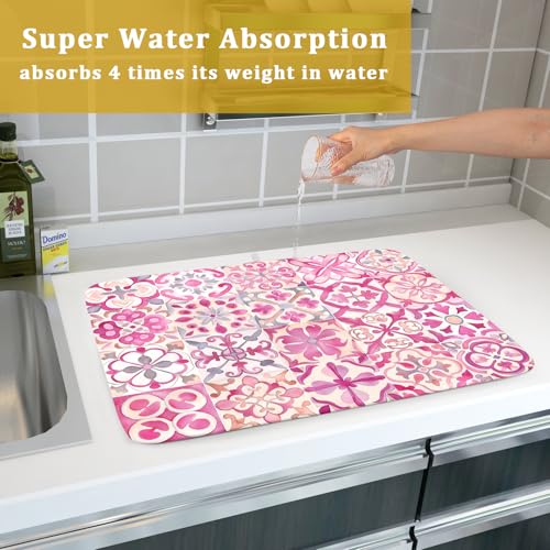 Pink Mexican Tiles Dish Drying Mat Absorbent Microfiber Dish Drying Pad for Kitchen Multi
