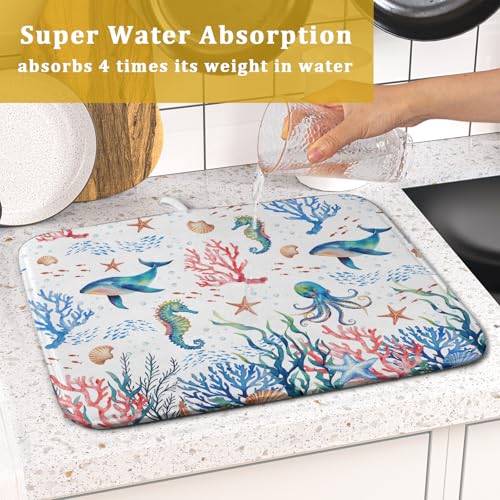 Coastal Ocean Dish Drying Mat Seahorse Whales Drainer Rack Mats 16"x18" Absorbent Microfiber Dish Drying Pad Protector for Kitchen Counter
