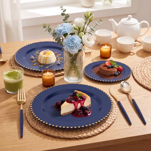 100PCS Navy Blue Plastic Plates with Gold Trim for Party Banquets (100 Count)