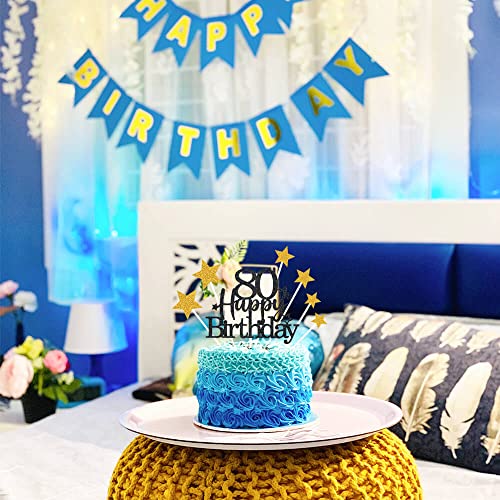Black Gold 80th Birthday Cake Topper with Glittery Stars (7 Count)