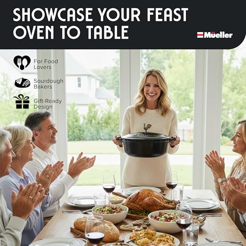 MUELLER HOME 5.5 Quart Enameled Cast Iron Oval Dutch Oven with Rooster Knob & Cotton Potholders