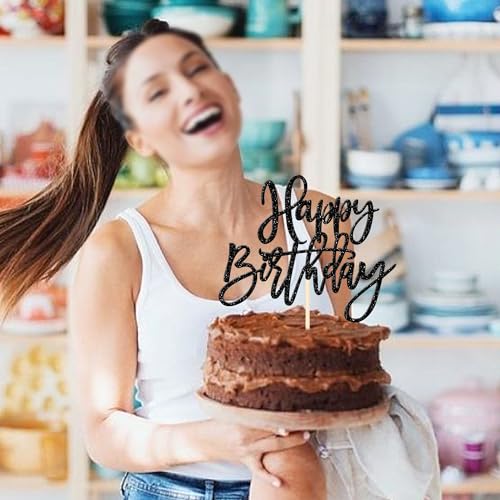 1 PCS Happy Birthday Cake Topper Glitter Happy Birthday Cake Pick for Celebrating Happy Birthday Anniversary Theme Party Cake Decorations Supplies Black