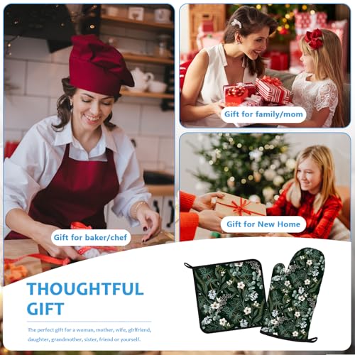 Botanical Print FloralOven Mitts and Pot Holders Sets Heat Resistant 4Pcs Potholders Oven Gloves Hot Pads for Kitchen Baking Cooking Grilling BBQ (4 Count)