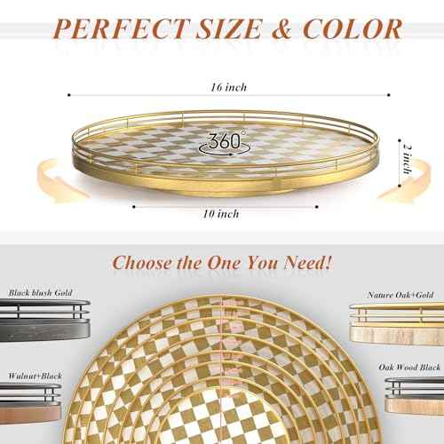 16 Inch Gold and White Checkerboard Lazy Susan with Rubberwood Base