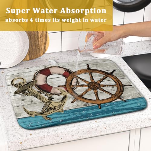 Nautical Anchor Dish Drying Mat 16x18 inch Coastal Boat Fast Dry Microfiber Reversible Dish Drainer Pad Kitchen Countertop Tabletop Decor