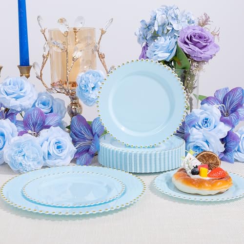 100pcs Light Blue Plastic Plates with Gold Beads for Wedding Party (100 Count)