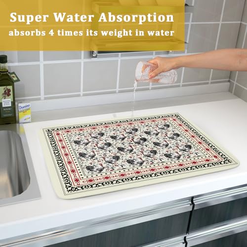 Vintage Rooster Dish Drying Mat Large Microfiber Drying Pads for Kitchen Counter