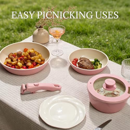Ceramic Cookware Set Non Stick 8Pcs Pots and Pans Set Removable Handle Induction Kitchen Cookware Set with Frying Pans Oven Safe