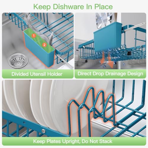 Blue Dish Drying Rack Over the Sink with Utensil Holder