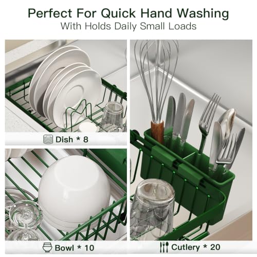 Green Expandable Dish Drying Rack Over Sink with Extra Drying Mat