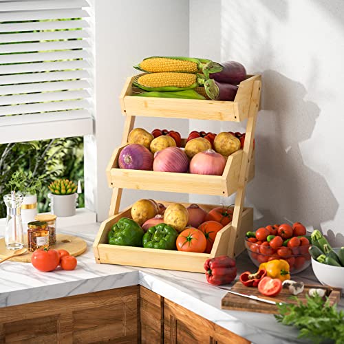 3 Tier Bamboo Fruit Basket for Kitchen Counter