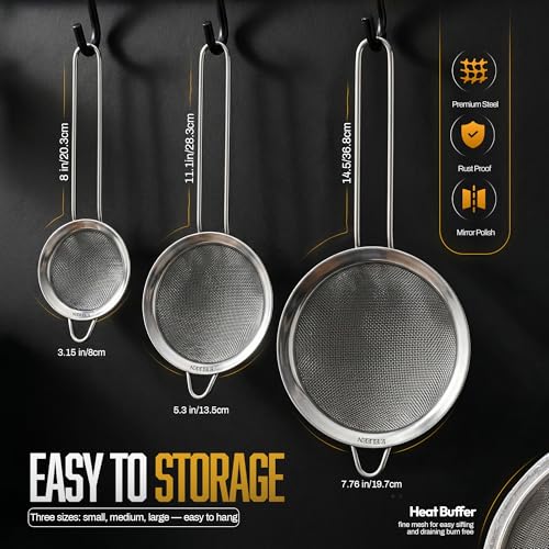 Premium Stainless Steel Fine Mesh Strainers for Kitchen 3 (3 Count)