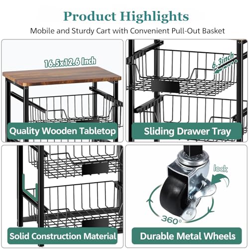 5 Tier Vegetable Fruit Basket Kitchen Storage Rolling Cart on Wheels with Pull